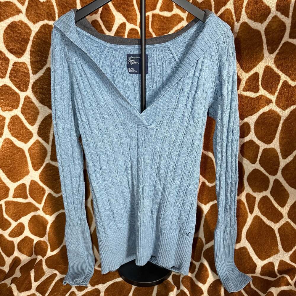 Vintage American Eagle Y2K Blue Cable Knit V-Neck Pullover Hoodie Sweater XL